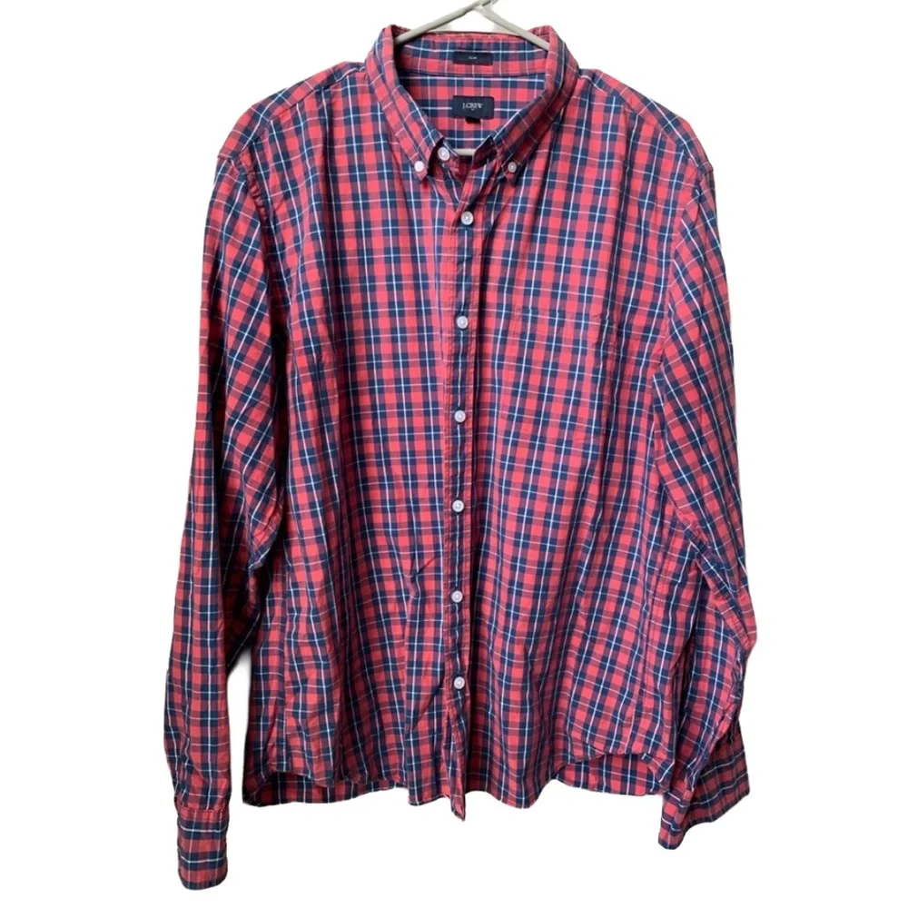 JCREW Red Blue White Plaid Long Sleeve Button-down Cotton Shirt Size: XL Slim